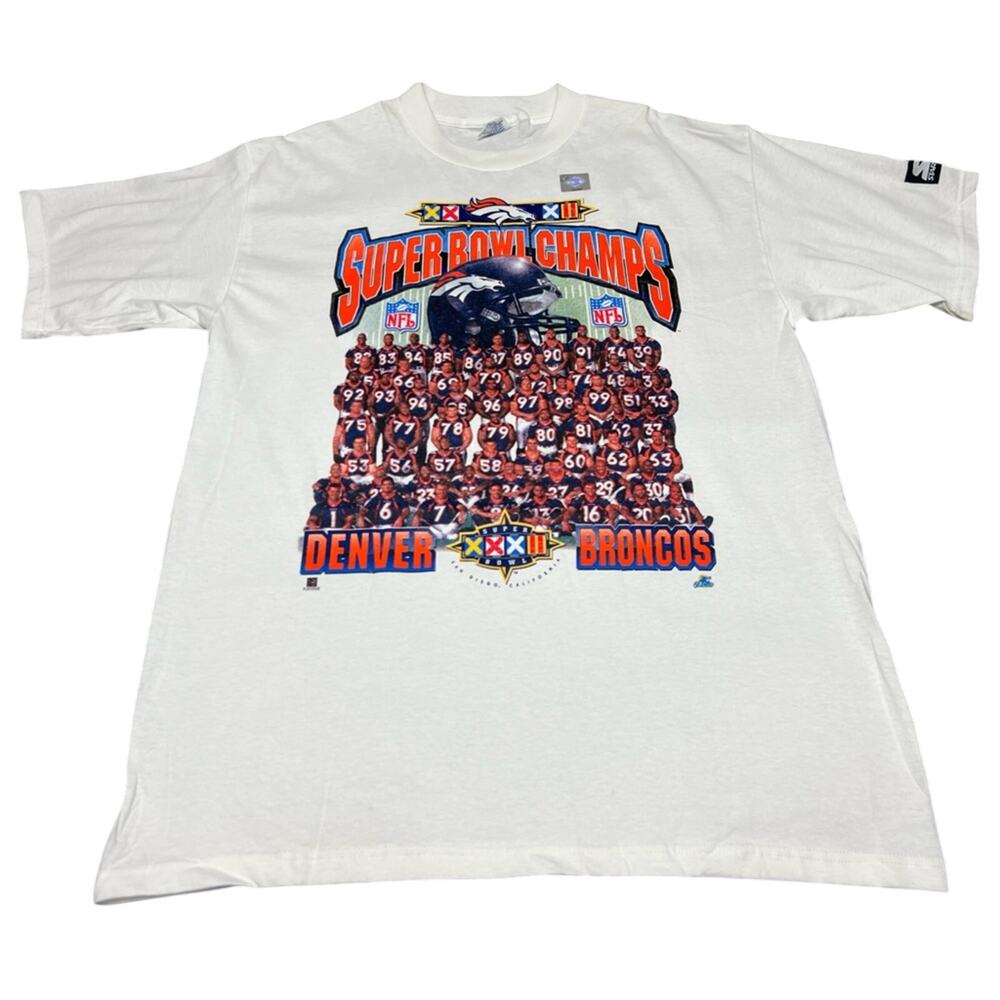 Vintage Starter 90s Mens LARGE SUPER BOWL XXXII Denver Broncos Team Photo Shirt